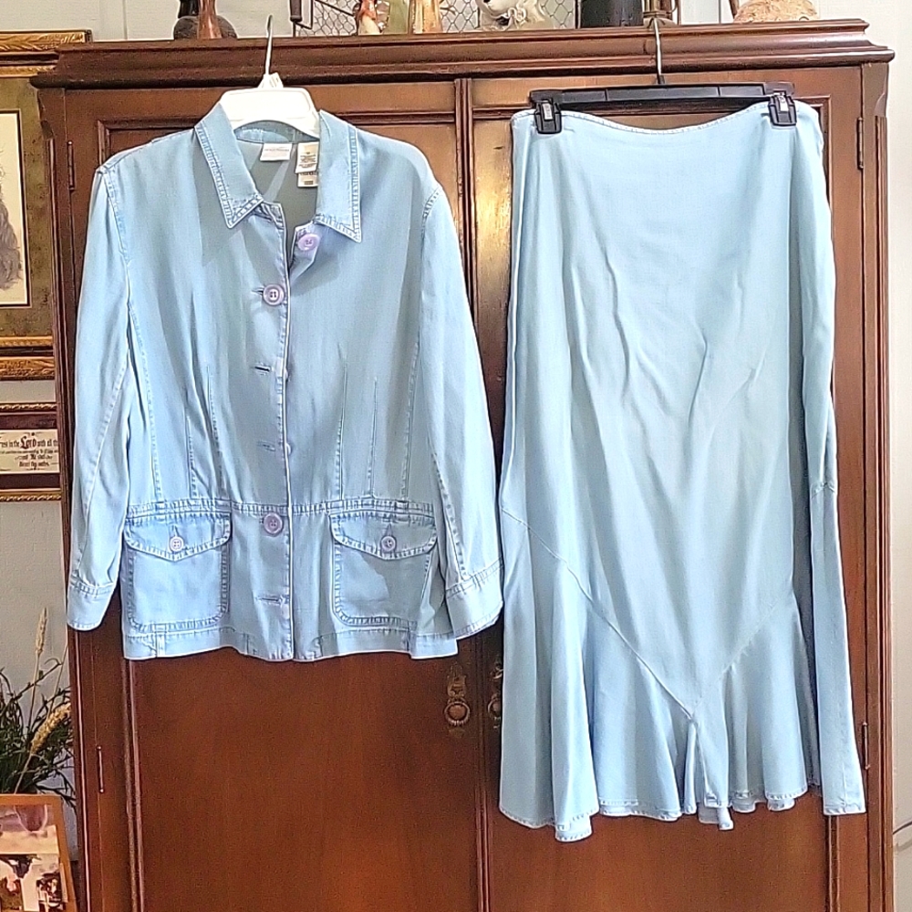 Light wash denim skirt and jacket set. Very lightweight by Emma & James.